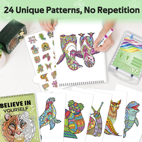 Adult Coloring Book Set,24 Colors Markers with Spiral Bound Adult Coloring Book for Women to Relaxation,Mindfulness and Anxiety Relief(Animal) O2AiYus