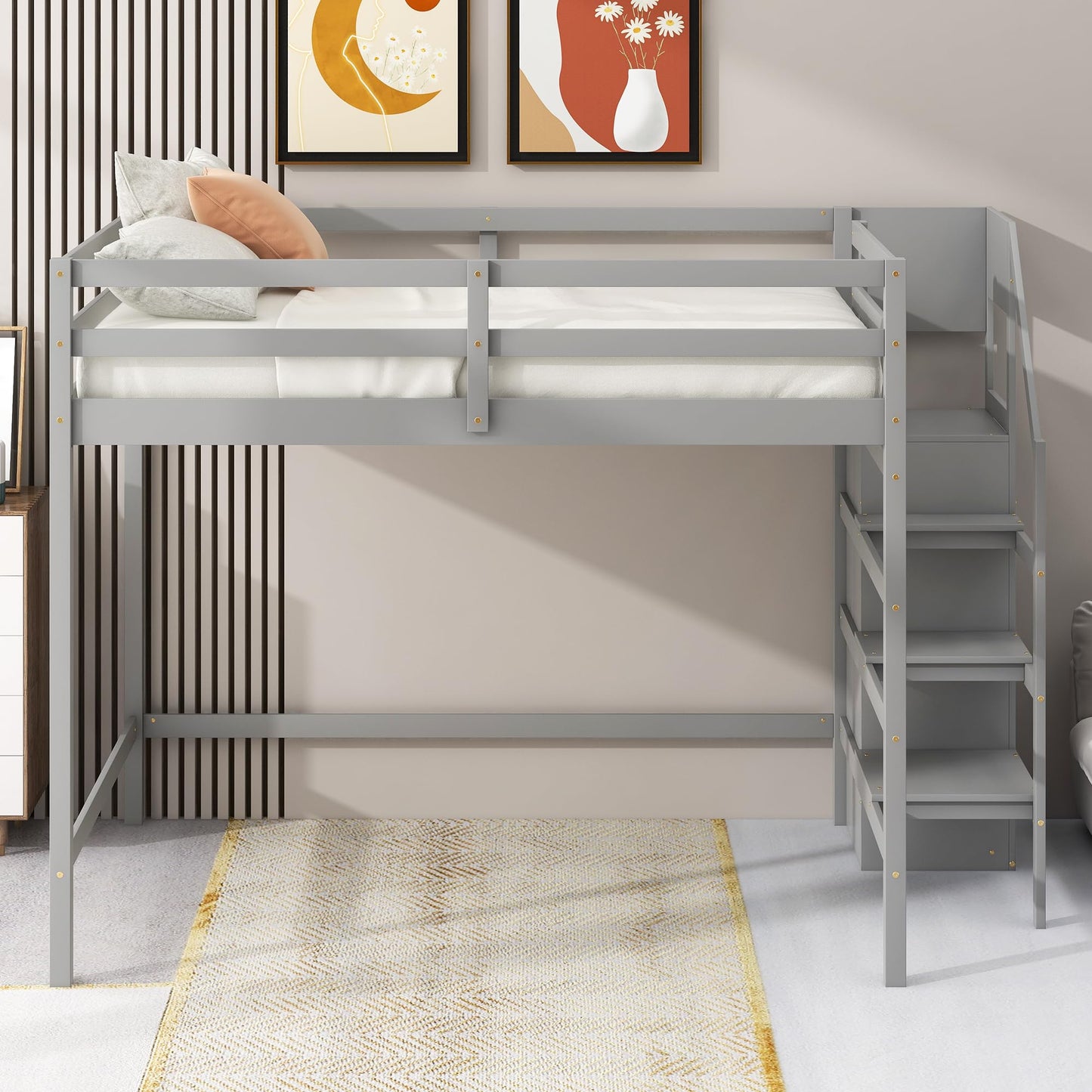 Harper & Bright Designs Grey Full Loft Bed with Staircase, Wardrobe, and Storage Shelf for Kids and Teens - WoodArtSupply