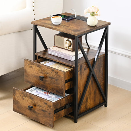 Livofloral LED Nightstand Set of 2, Night Stand with Charging Station, End Table Set 2 with Storage, Side Table with USB Ports and Outlets, Bedside Table with Wood Drawer for Bedroom, Brown Livofloral