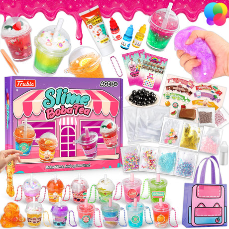 Trubic 46PCS Slime Boba Tea Making Kit for Girls Ages 8-12, DIY Pretend Play Food Toys, Bubble Tea Cups, Bag, Clear Slime, Add-ins, Making Miniature Food, Party Favors for Kids 6 7 9 10 11 Trubic