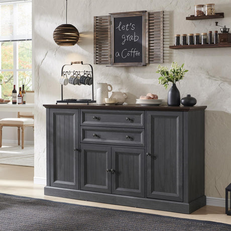 Farmhouse Sideboard Buffet Cabinet with Storage, 58'' Large Coffee Bar Stroage Cabinet with 2 Drawers and 4 Doors, Wood Rustic Accent Cabinet for Dinning Room, Hallway, and Living Room, Dark Grey IFGET