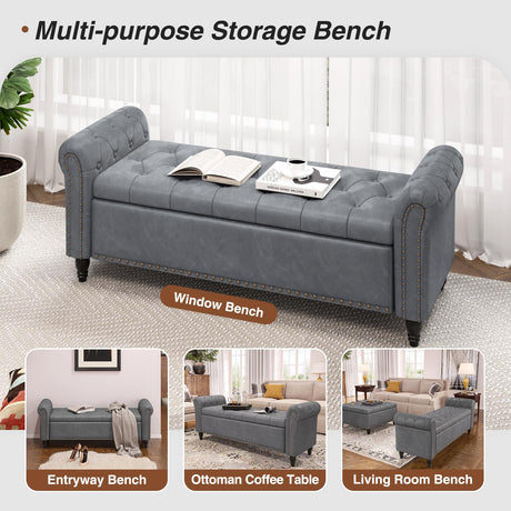 65 Inch Bedroom Bench, End of Bed Bench with Storage, Bed Benches for Foot of Bed, Faux Leather Window Bench with Tufted Button and Nailhead Trim, Upholstered Storage Bench with Rolled Arms, Gray FiveWillowise