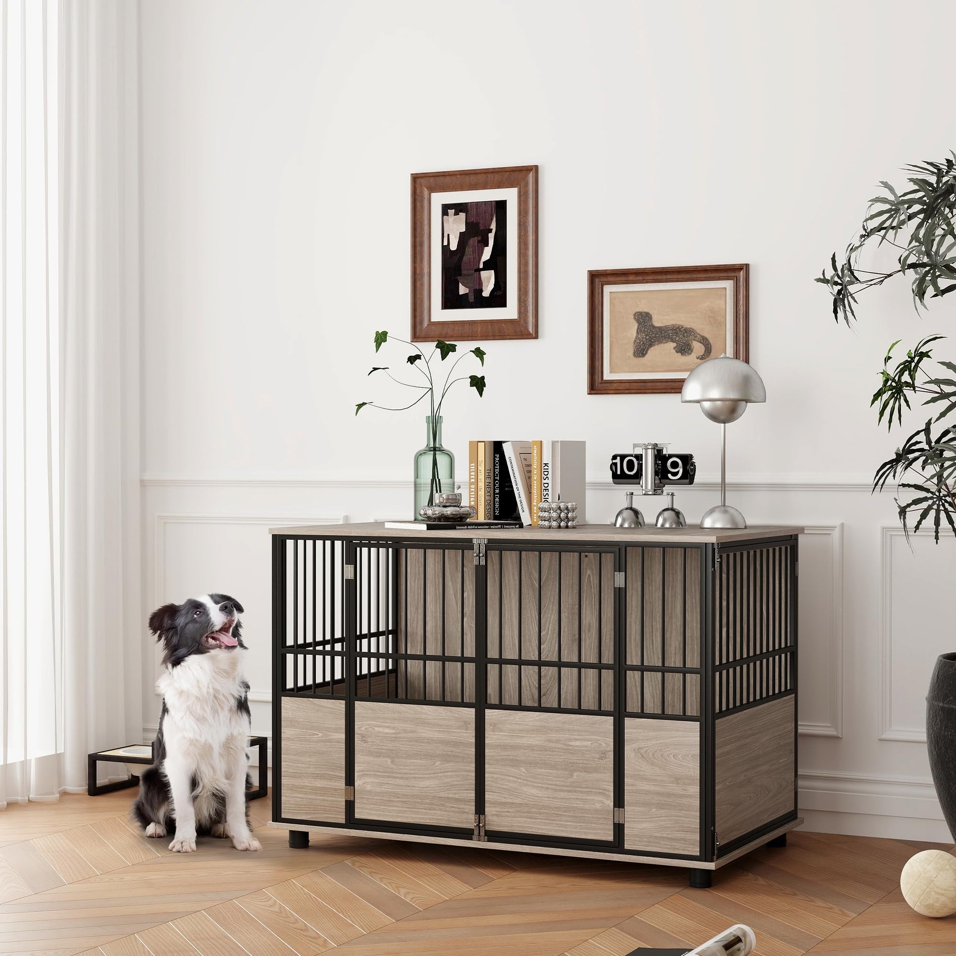 PawHut Dog Crate Furniture, 46" Wooden Dog Kennel Furniture, Dog Crate End Table with Double Doors for Small to Large Dogs, Walnut Wood Finish - WoodArtSupply