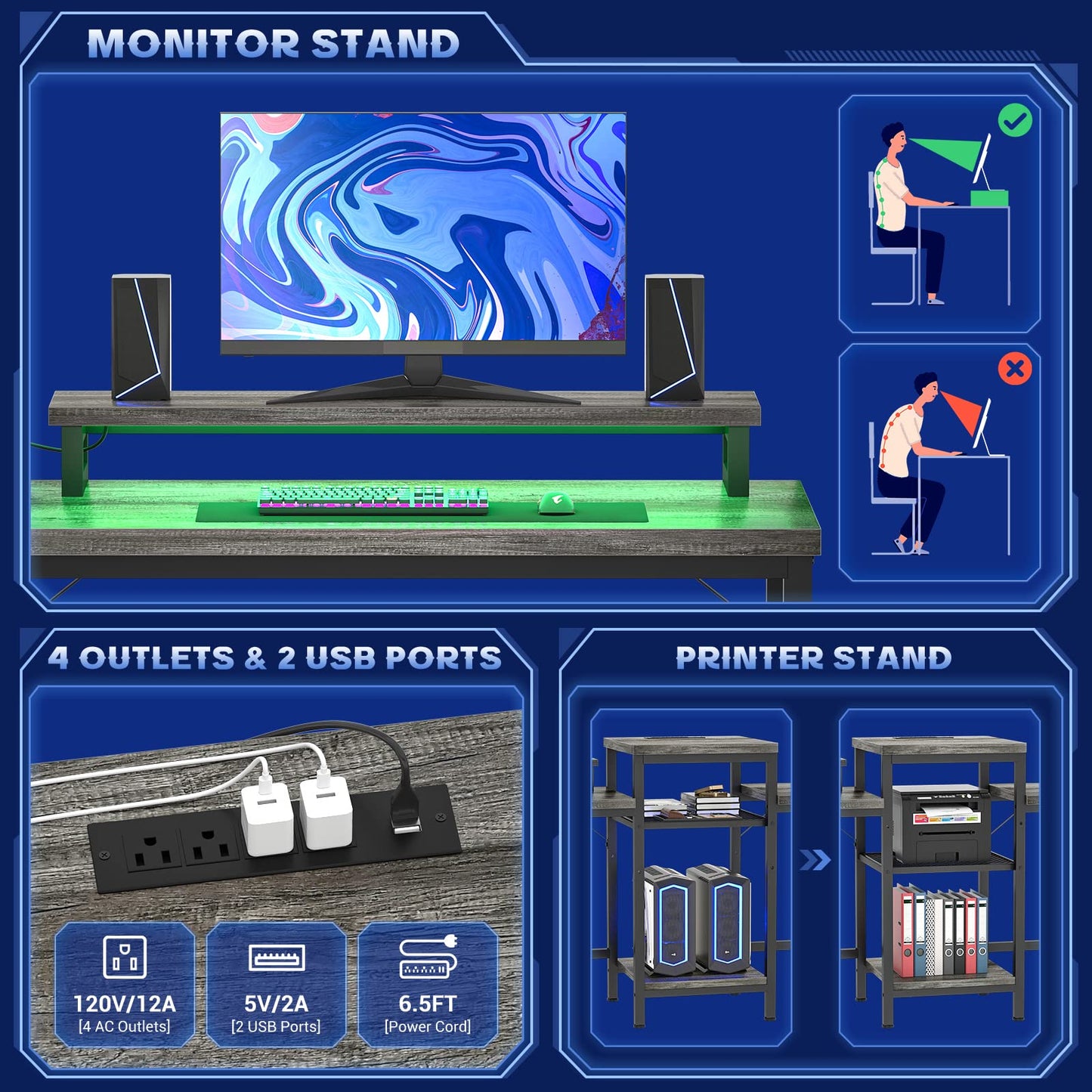 Unikito Two Person Desk with LED Light and Power Outlet, Double Computer Desks with Monitor Stand and Printer Stand, Double Gaming Computer Desk, Long Gaming Desk, Home Office Work Desk, Blac - WoodArtSupply