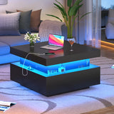 31.5" Square Coffee Table with Sliding Top and Charging Station, Black Coffee Tables with LED Lights and Storage Drawer for Living Room, Modern Center Table with Hidden Compartment, Cabinet Gacfiew