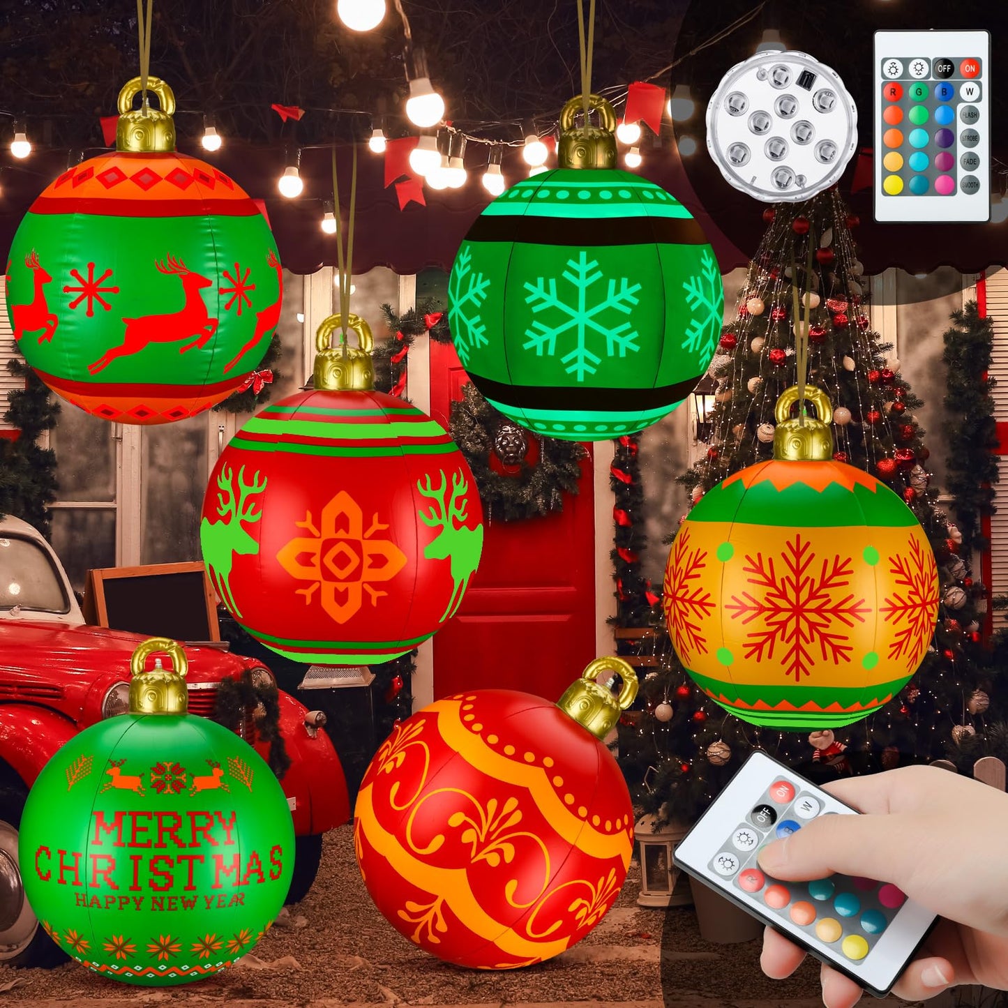 Jetec 6 Pcs 24 Inch Outdoor Christmas Inflatable Decorations Ball Xmas Blow up Ball Decor Light up PVC Giant Inflatable Christmas Ball with LED Light Remotes for Xmas Garden Yard Tree (Vivid Style)