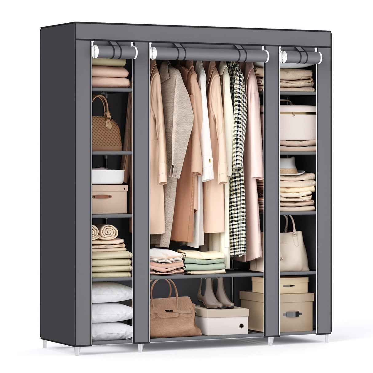 SONGMICS Closet Wardrobe, Portable Closet for Bedroom, Clothes Rail with Non-Woven Fabric Cover, Clothes Storage Organizer, 59 x 17.7 x 69 Inches, 12 Compartments, Gray ULSF03G SONGMICS