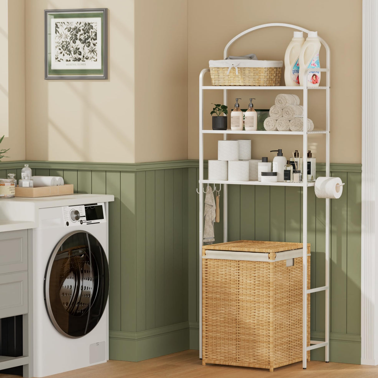 Selenvia 3-Tier Over The Toilet Storage, Metal Bathroom Shelves with 4 Hooks and Toilet Paper Holder, White Selenvia