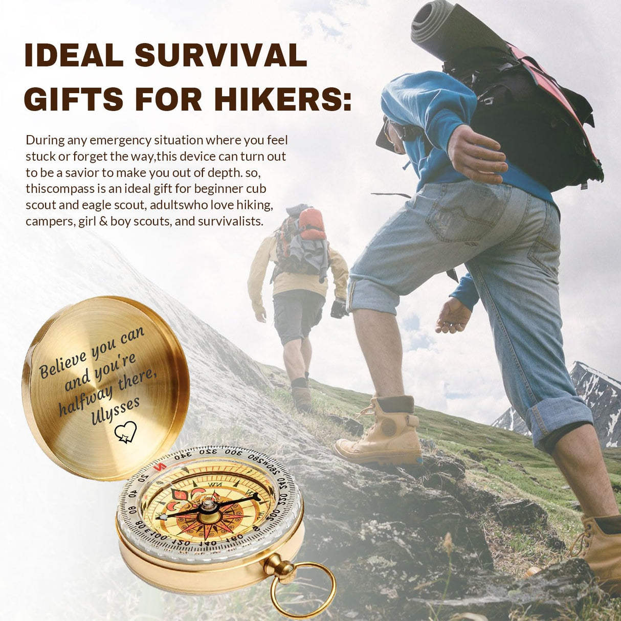 Compass Personalized Portable Compass Custom Text Mini Compass with Waterproof Luminous Function Survival Gifts for Men Women Hiking Camping Hunting Map Navigation Tool (Compass) RSQGT