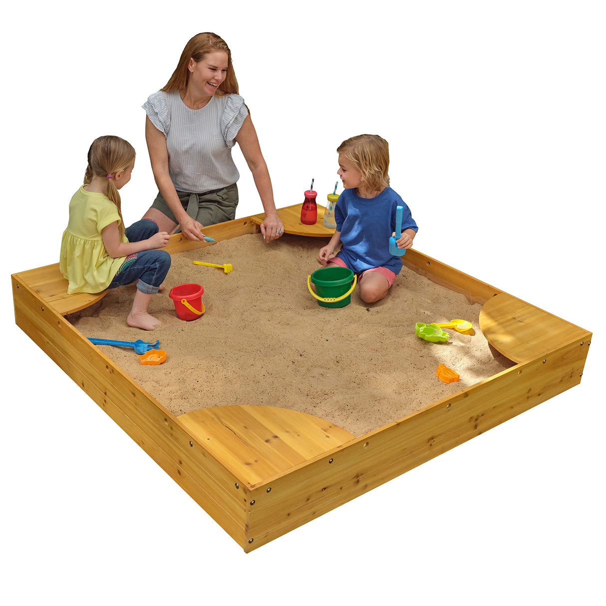 KidKraft Wooden Backyard Sandbox with Built-in Corner Seating and Mesh Cover, Kid's Outdoor Furniture, Honey, Gift for Ages 2-8 KidKraft