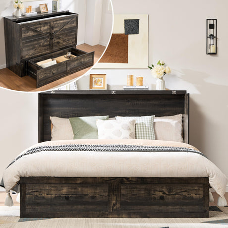 AMERLIFE Queen Murphy Bed Cabinet with Charging Station and Storage, Farmhouse Foldable Platform Bed for Guest Room, Office, Small Spaces, Black Oak AMERLIFE