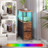 TUTOTAK Small Narrow LED End Table with Charging Station, Side Table Outlets, Nightstand with 2 Cloth Drawers, Set of 2, Couch Table, for Living Room, Bedroom, Bedside, Brown TB01BB056 TUTOTAK