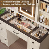 HAUOMS Farmhouse Makeup Vanity Desk with Sliding Lighted Mirror, Glass Top Vanity Desk with Power Outlet, Rustic Vanity Set, Antique White HAUOMS