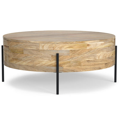SIMPLIHOME Rayburn Drum Coffee Table - 38 inch Wide Solid Mango Wood Round Living Room Table in Natural, Modern Industrial Center Table for Family Room with Black Metal Legs and Large Surface