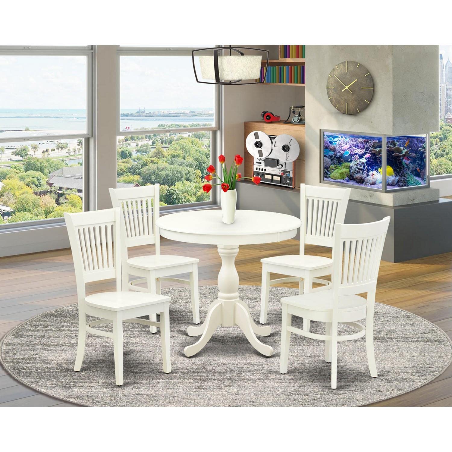 East West Furniture AMVA5-LWH-W Antique 5 Piece Kitchen Set Includes a Round Room Table with Pedestal and 4 Dining Chairs, 36x36 Inch - WoodArtSupply