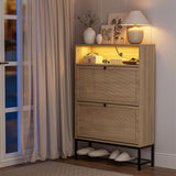 IKIFLY Natural Rattan Shoe Cabinet with LED Light, Shoe Rack Cabinet with 2 Flip Drawers & Open Shelves, Narrow Shoe Cabinet with Metal Legs, Shoe Storage Cabinet for Entryway, Living Room, Apartment IKIFLY