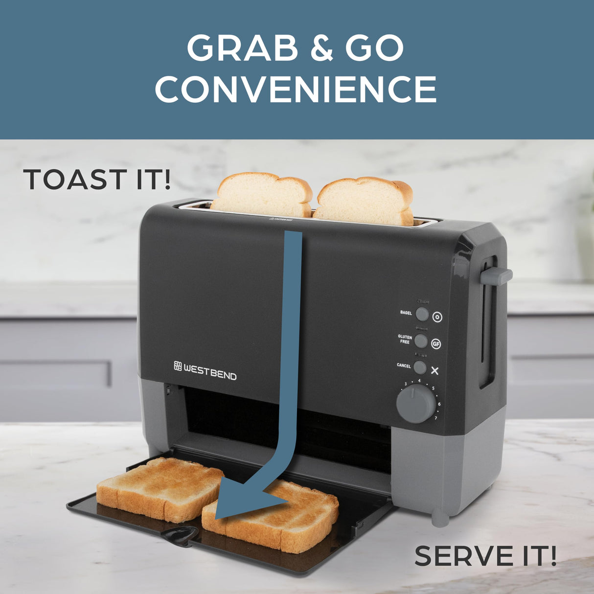 West Bend 77224 Toaster 2 Slice QuikServe Wide Slot Slide Through with Bagel and Gluten-Free Settings and Cool Touch Exterior Includes Removable Serving Tray, Black West Bend