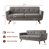 Tbfit 65" W Loveseat Sofa, Mid Century Modern Love Seat Couches for Living Room, Button Tufted Upholstered Small Couch for Bedroom, Solid and Easy to Install Love Seats Furniture, Grey Tbfit