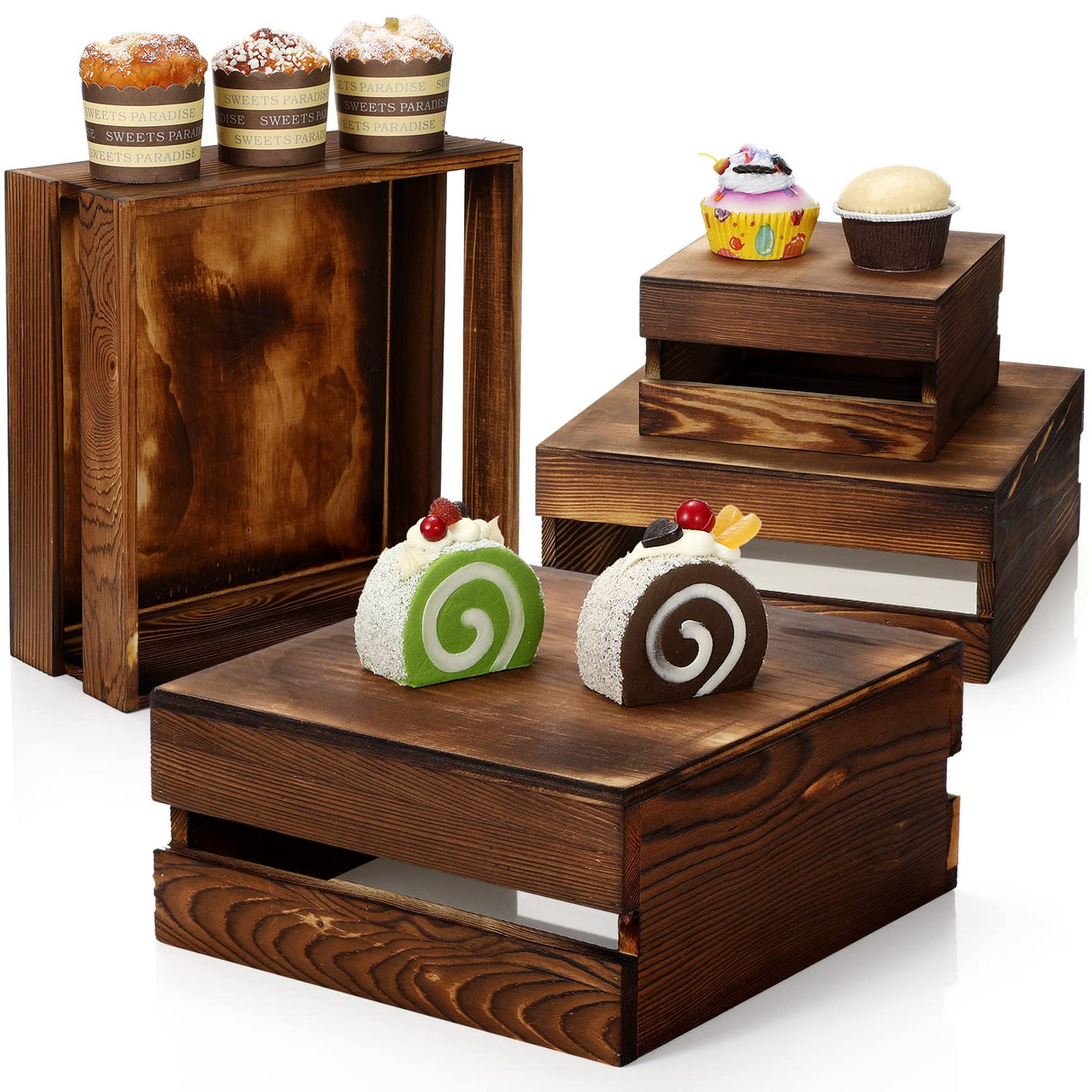 Sieral 4 Pieces Wood Cupcake Display Stand Decorative Dessert Appetizer Cake Stand Risers Wooden Crate Rustic Cake Risers for Decor Wooden Crate Style Storage Organizer for Party(Burnt Wood) Sieral