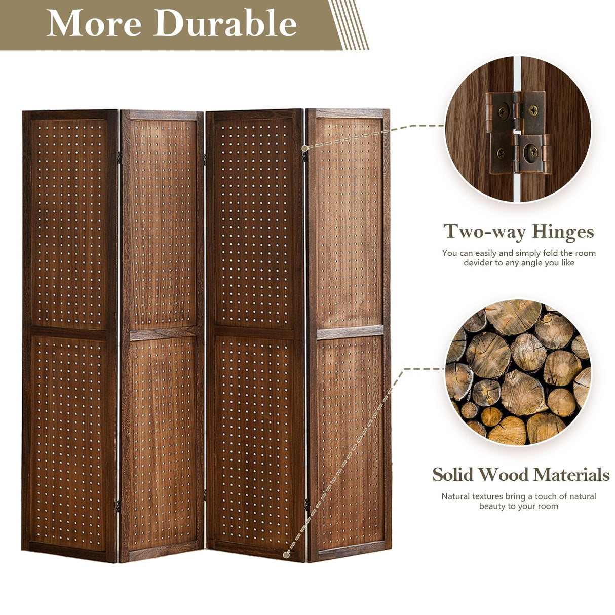 Leesinwing 4 Panel Room Dividers and Folding Privacy Screens, 5.6Ft Wooden Pegboard Display, Privacy Dividers for Bedroom, Portable Dispxlay Board Organizer for Store, Jewelry Display, Dark Brown Leesinwing