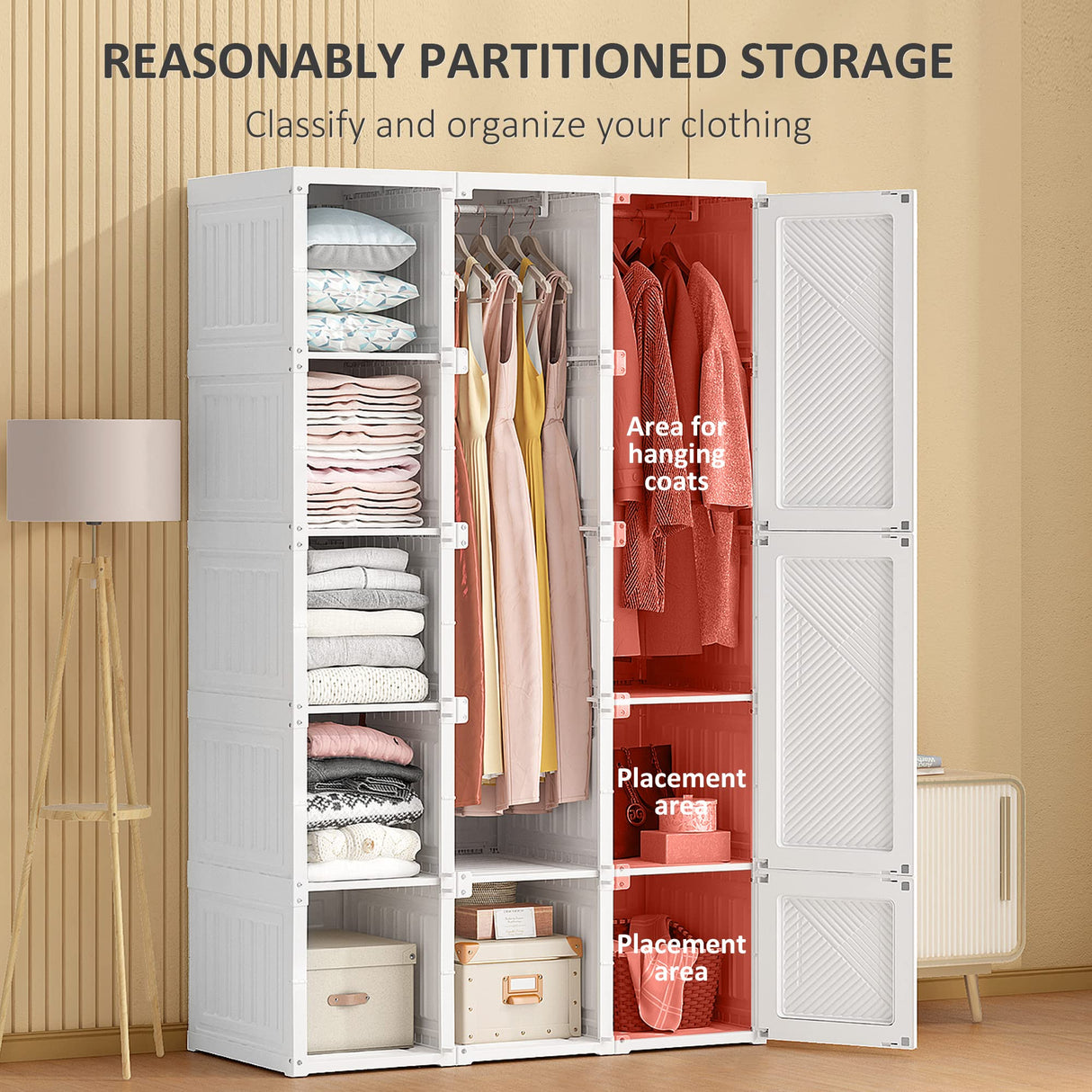HOMCOM Portable Wardrobe Closet, Folding Bedroom Armoire, Clothes Storage Organizer with 8 Cube Compartments, 2 Hanging Rods, 11 Magnet Doors, White HOMCOM