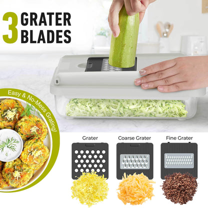 Mueller Vegetable Chopper 9 Blade, Mandoline Slicer, Food Veggie Chopper, Cheese Grater, Onion Vegetable Cutter with Container, Dicer, Kitchen Gadgets & Essentials, White Sand/Grey