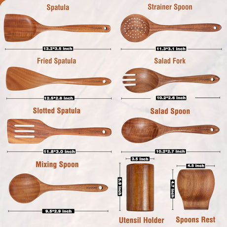 Mooues 9 Piece Natural Teak Wooden Kitchen Utensil Set with Spoon Rest - Comfort Grip Cooking Spoons and Utensils Holder Mooues