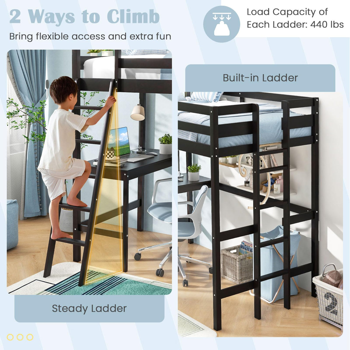 Giantex Twin Size Loft Bed with Desk, Solid Wood Loft Bed with 2 Ladders & Full Length Guardrail, Modern Space-Saving Twin Bed Frame for Kids Teens Adults, No Box Spring Needed (Black) Giantex