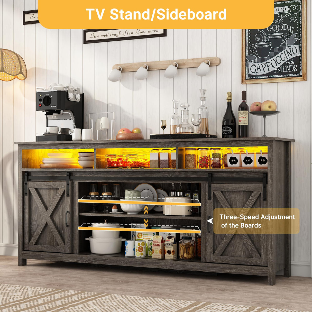 Vinctik 6&Fox 70in Wooden Farmhouse Entertainment Center for 80/75 inch TV,Double Layer Storage Farmhouse TV Stand,Double-Row Sockets with Wood Sliding Barn Door TV Stand(Double Layer Grey Wash) Vinctik 6&Fox