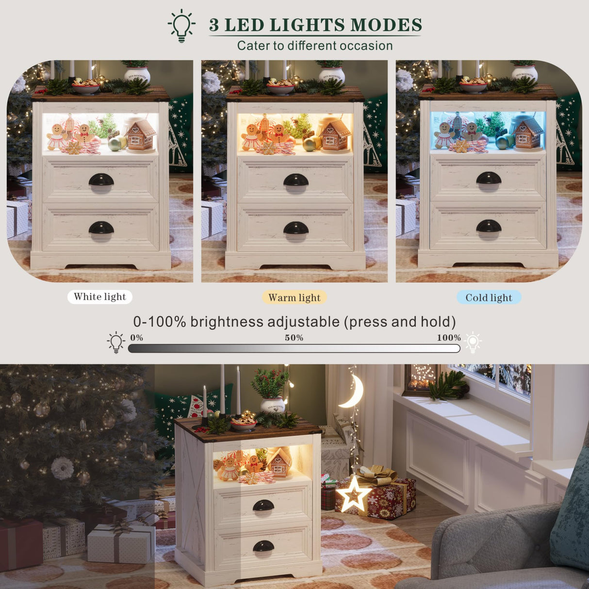 FONTOI Farmhouse Nightstand, End Table with Drawers, Nightstand with Charging Station, Bedside Table with 3 LED Lights Modes, Wood Nightstand with Smart Human Sensor for Bedroom, Brown & White FONTOI