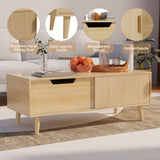 Buenhomino 47" Modern Coffee Table with Storage, Light Wood Accent Center Tables with Sliding Fluted Door Panel and Drawer, Boho Minimalist Console Table Suitable for Living Room, Apartment Natural Buenhomino