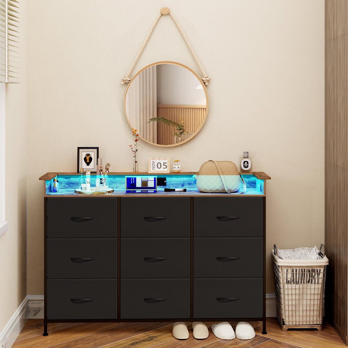 EXOTICA Black Dresser for Bedroom with Charging Station 9 Drawers Dresser with LED Light and USB Ports for Hallway Entryway Closets Sturdy Steel Frame Wood Top (Faux Leather Fabric Drawer) EXOTICA