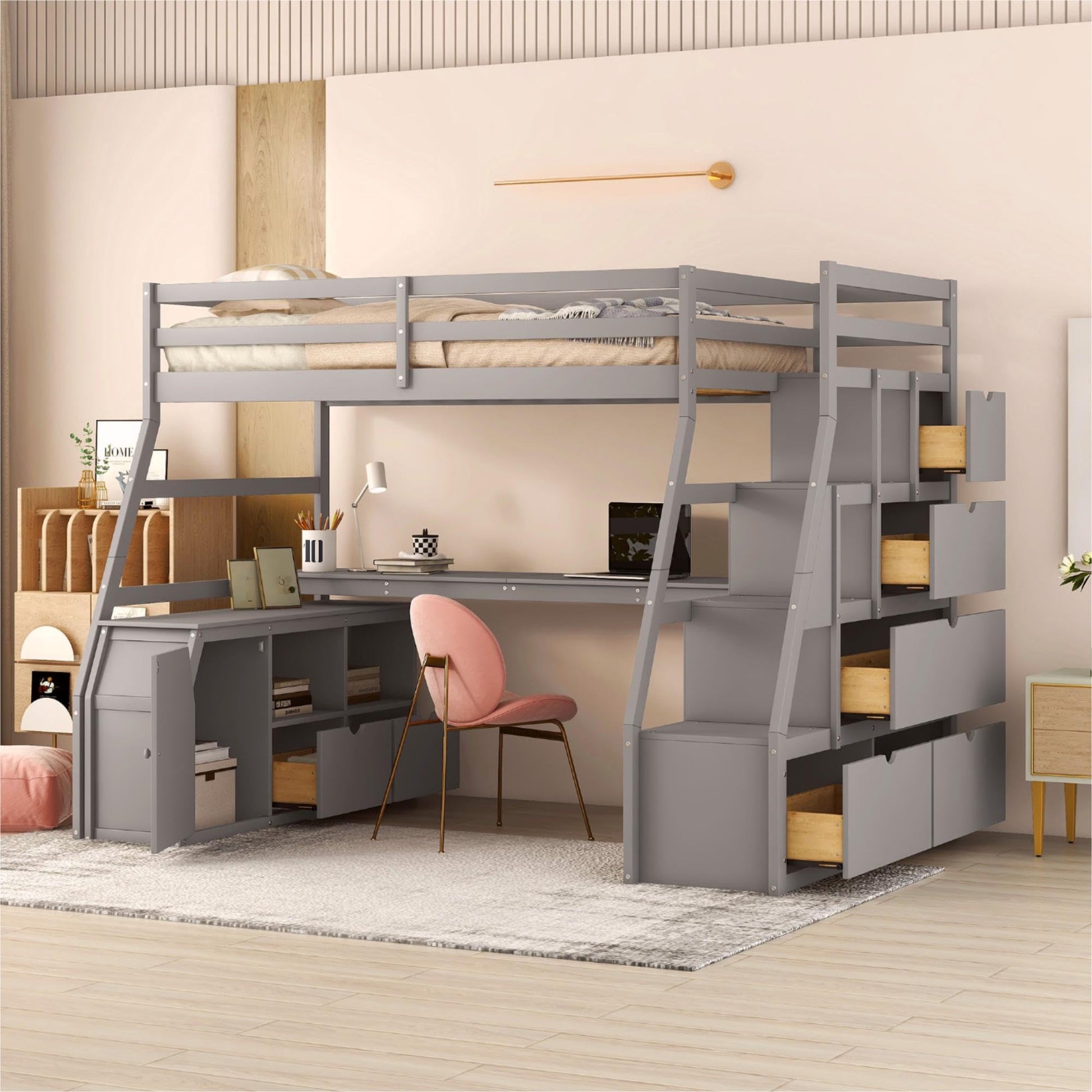 CKLMMC Multifunctional Twin Loft Bed with Storage Drawers, Desk, and Shelving – Grey - WoodArtSupply