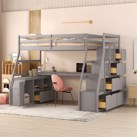 CKLMMC Multifunctional Twin Loft Bed with Storage Drawers, Desk, and Shelving – Grey CKLMMC