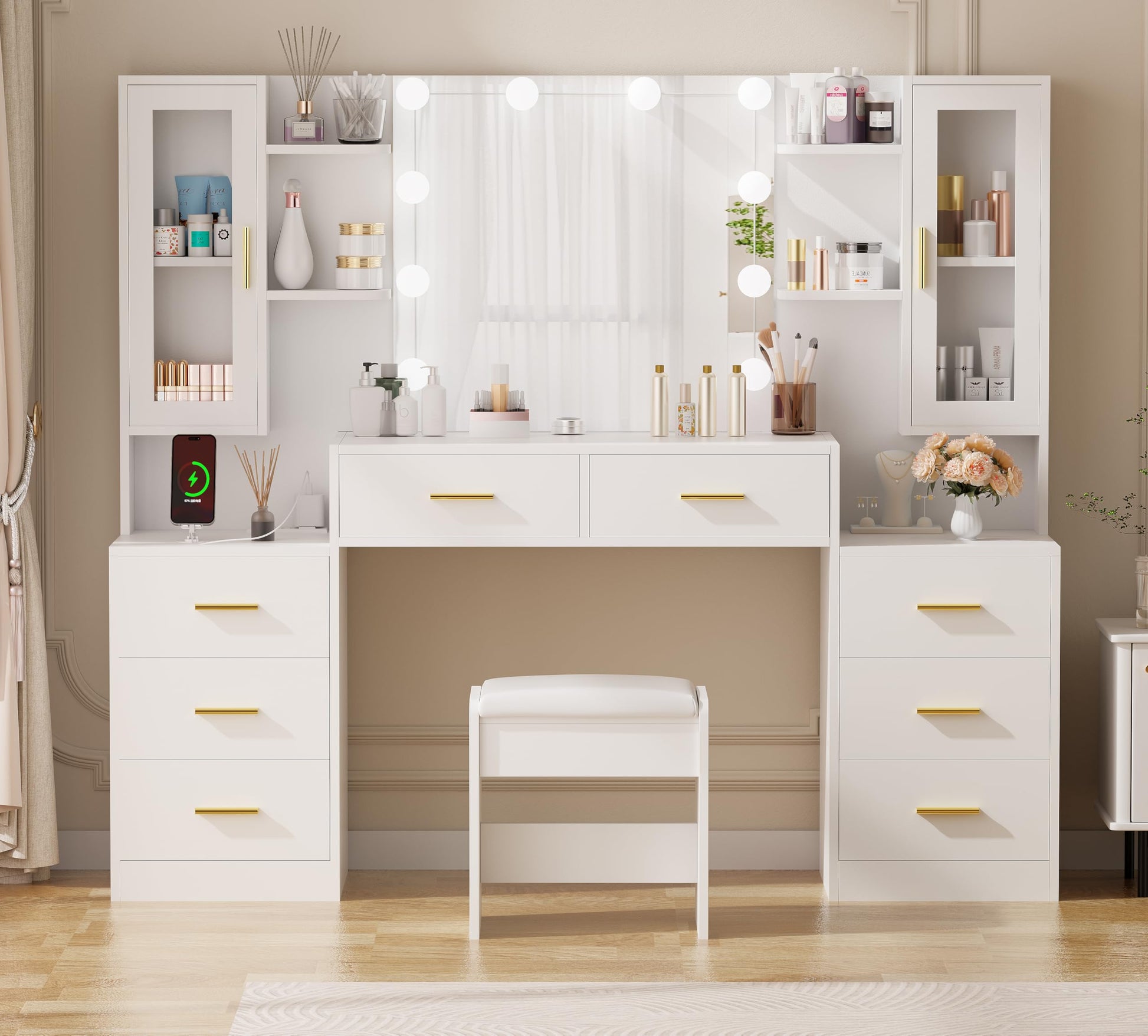 ANWBROAD 59.1" Large Vanity Desk Table with Mirror & Lights White Makeup Vanity with Power Outlet and 8 Drawers 2 Cabinets 3 Lighting Modes Adjustable Vanity Table for Bedroom Dressing Room U - WoodArtSupply