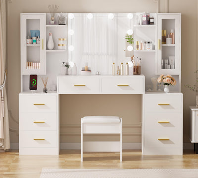 ANWBROAD 59.1" Large Vanity Desk Table with Mirror & Lights White Makeup Vanity with Power Outlet and 8 Drawers 2 Cabinets 3 Lighting Modes Adjustable Vanity Table for Bedroom Dressing Room UBDT67W