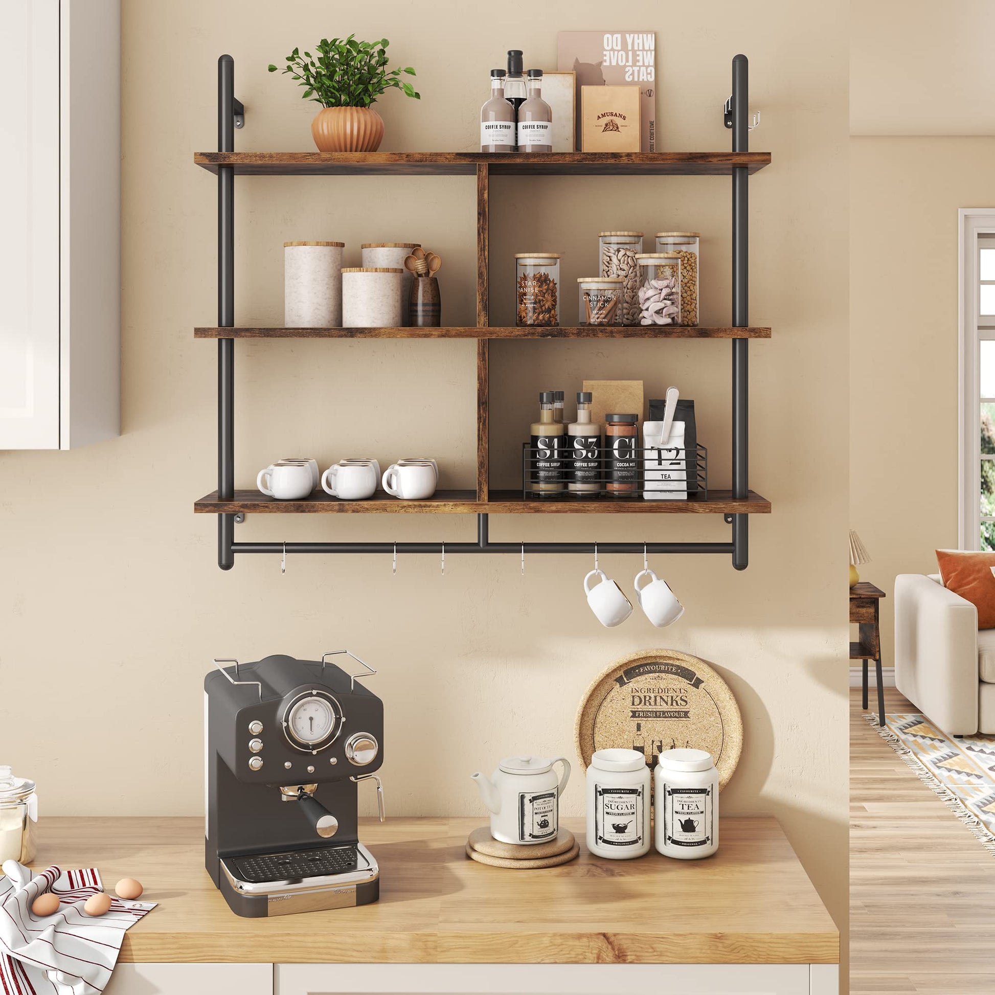 Bestier 3-Tier Rustic Brown Floating Pipe Shelving Unit for Kitchen and Living Room - WoodArtSupply