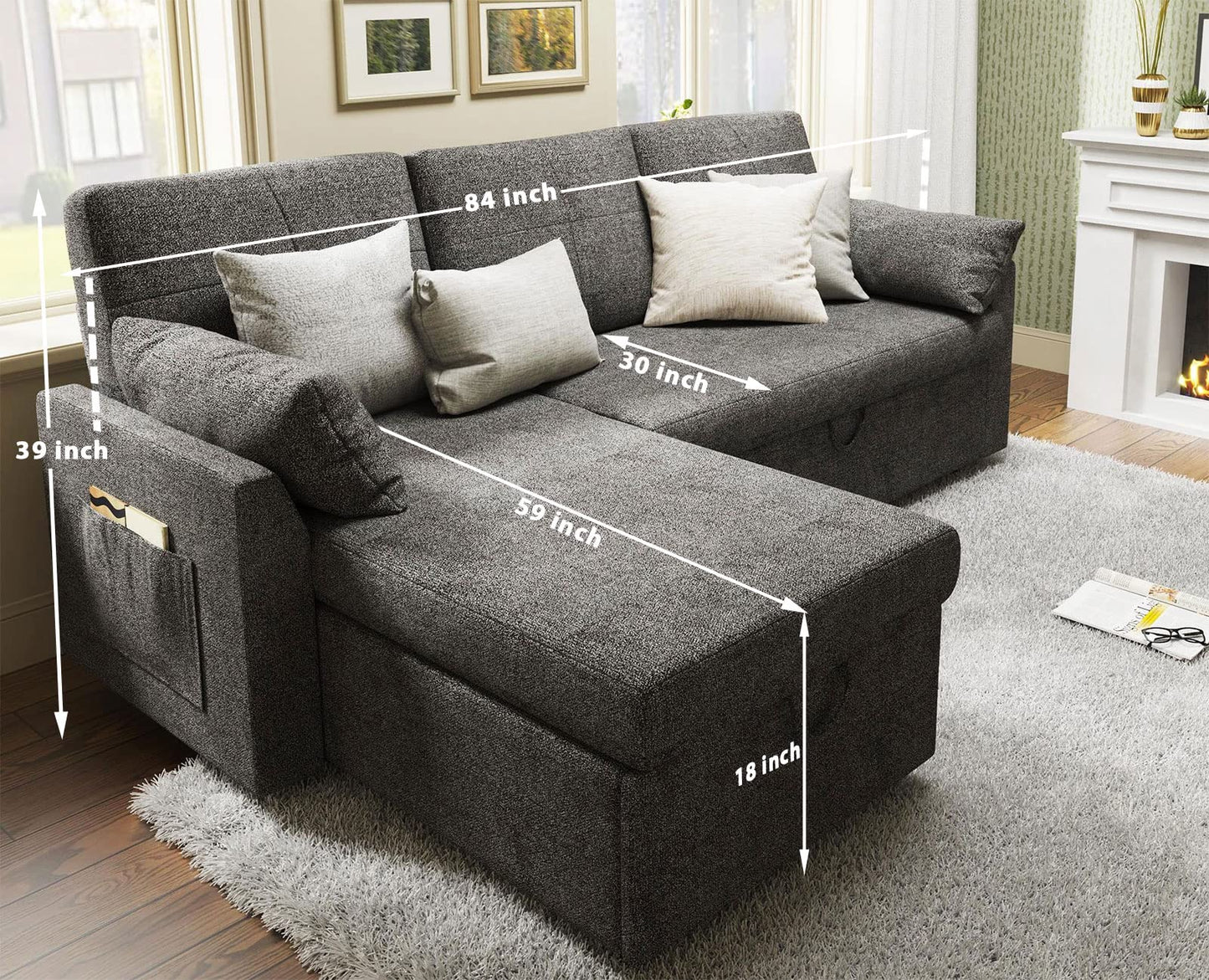 VanAcc Sleeper Sofa, Sofa Bed- 2 in 1 Pull Out Couch Bed with Storage Chaise for Living Room, Sofa Sleeper with Pull Out Bed, Grey Linen Couch - WoodArtSupply