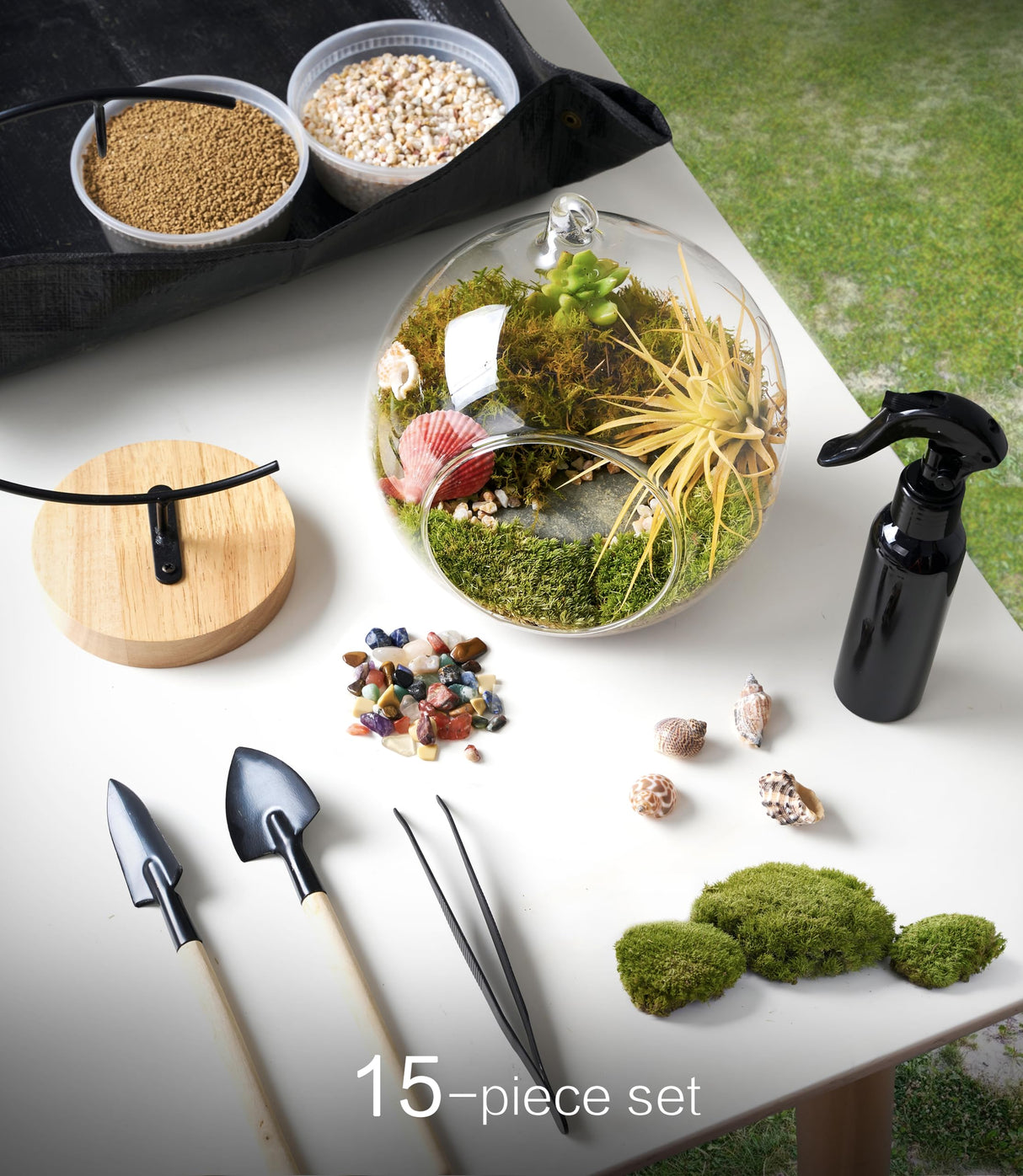 15-Piece Terrarium Kit with Live Moss – DIY Glass Globe Set with Tools, Soil, Stones & Spray Bottle – Indoor Mini Garden Gift for Plant Lovers, Home Decor & Zen Craft LUCKYRUNES