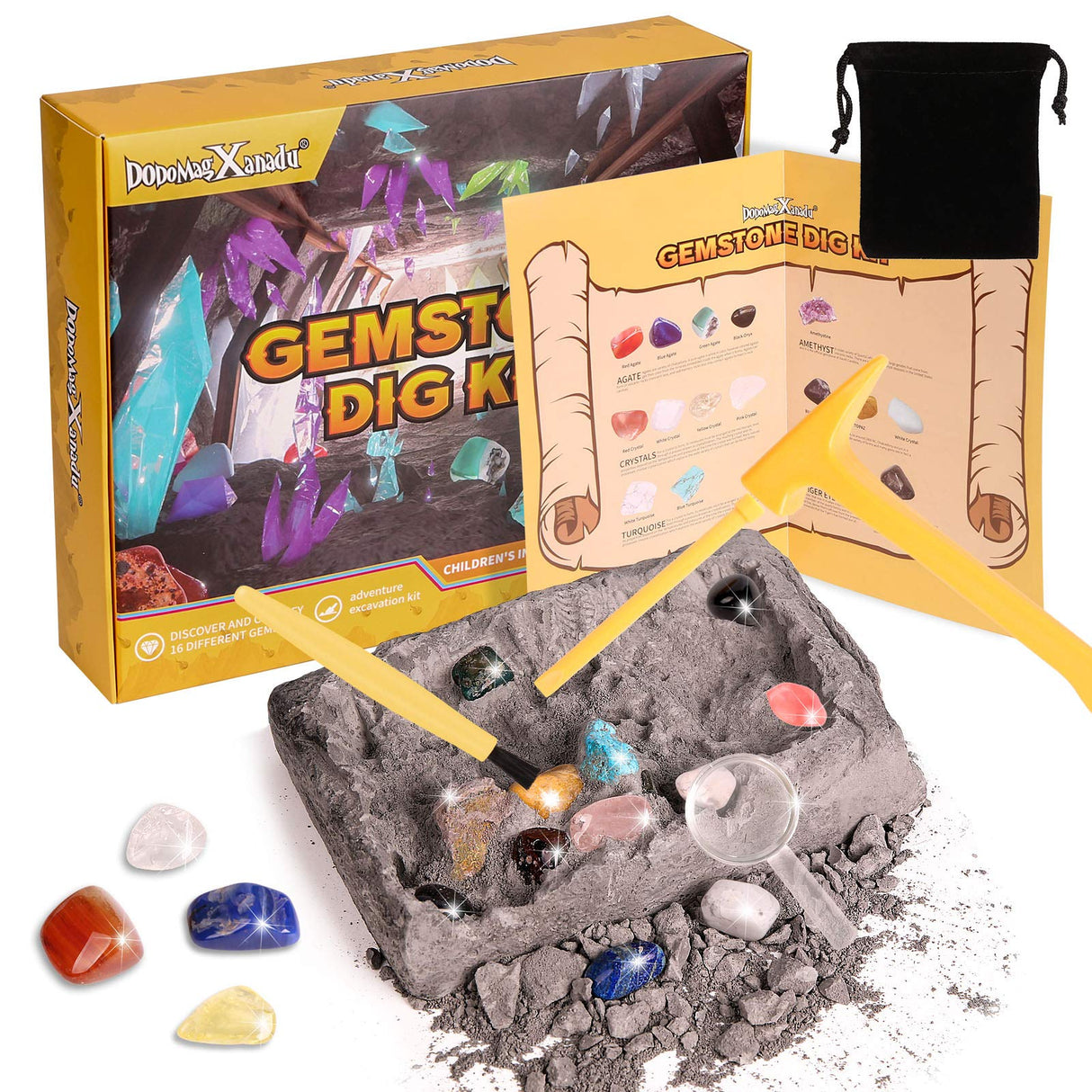 Gemstone Dig Kit, 16 Real Gem Stones and Crystals Excavation Kit, STEM Educational Toys Science Kit for Kids 5-7 8-12, Easter Basket Stuffers Gifts for Boys Girls DoDoMagxanadu
