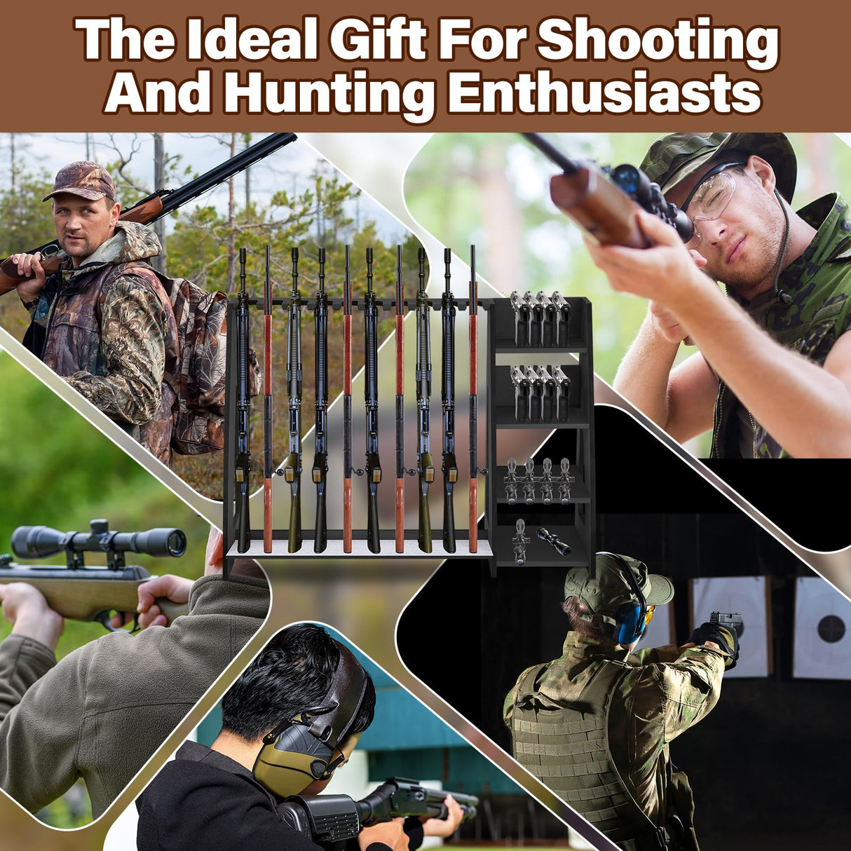 Lineshading Wooden Gun Rack with Holder, Indoor Floor Standing Gun Rack, Gun Display Rack Storage Rack for Home or Garage Gun Storage, Holds 10 Long Guns and 8 Short Guns Lineshading