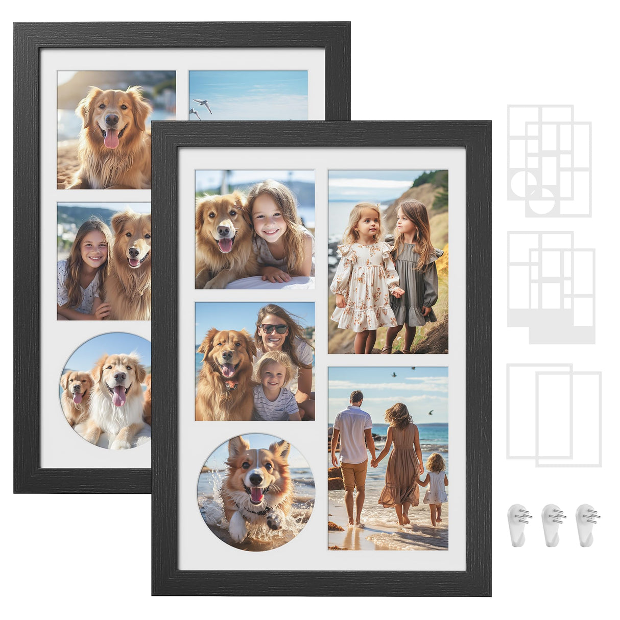 SONGMICS A4 Picture Frame Collage for Wall Decor, Set of 2, 4x6 Multi Photo Frame for Desk, 8x10, 8x12 or 4x4 Photos with 6 Mats, 9x12 Without Mat, Glass Front, 3 Non-Trace Nails, Ash Black SONGMICS