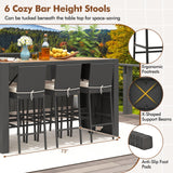 Toolsempire 7-Piece Outdoor Wicker Bar Set, PE Rattan Bar Height Dining Set with Acacia Wood Tabletop & Removable Cushions, Outdoor Wicker Bar Table & 6 Chairs, Patio Bistro Set for Deck & Porch Toolsempire