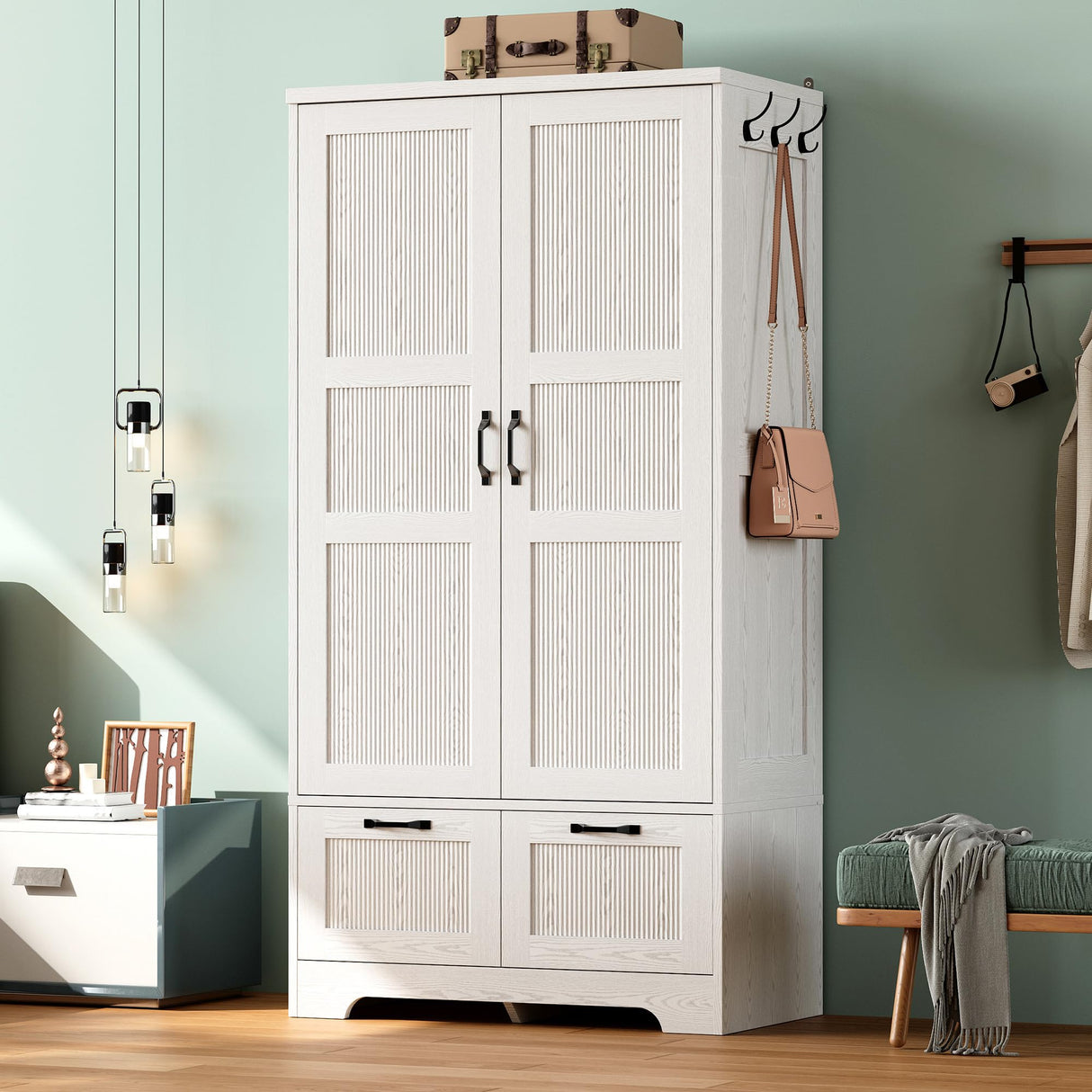 ANCTOR Armoire Wardrobe Closet, 71" H Wooden Clothing Storage Cabinet with 2 Doors and 2 Drawers, Bedroom Freestanding Wardrobe Combination with Hanging Rod and Adjustable Shelves, White ANCTOR