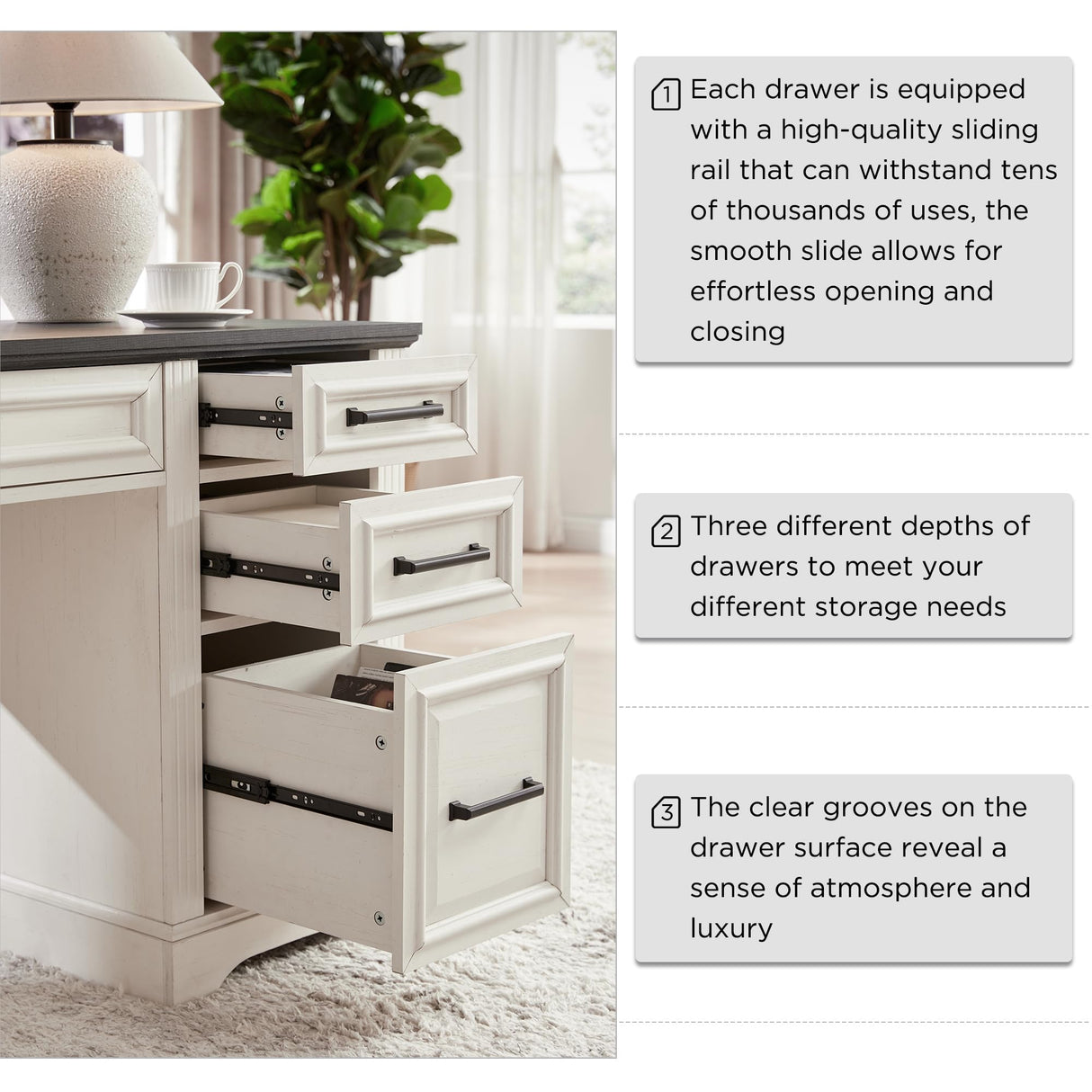 JXQTLINGMU 58" Executive Desk, Farmhouse Computer Desk with Drawers and Cabinet, Embossed Texture Home Office Desk, Workspace for Work Study Writing, White JXQTLINGMU