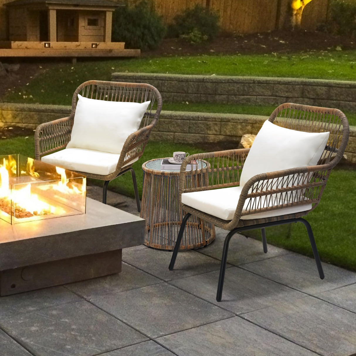 wildformers 3 Piece Rattan Wicker Bistro Set, Outdoor Conversation Furniture Set with Glass Top Table, Space Saving for Balcony, Backyard, Natural wildformers