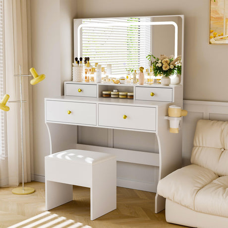 Pamapic Vanity Desk with Upgraded Silent Slides, Golden Handles 3 Lighting Modes Small Vanity with Charging Station, Makeup Vanity with Lights and Storage Vanity Benches Pamapic