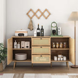 Oubayajia Rattan Sideboard Buffet Cabinet, 57.87" Rattan Accent Cabinet Storage Cabinet Console Table with 3 Drawers & 2 Doors and Adjustable Shelves for Kitchen, Dining Room, Living Room (Oak) Oubayajia