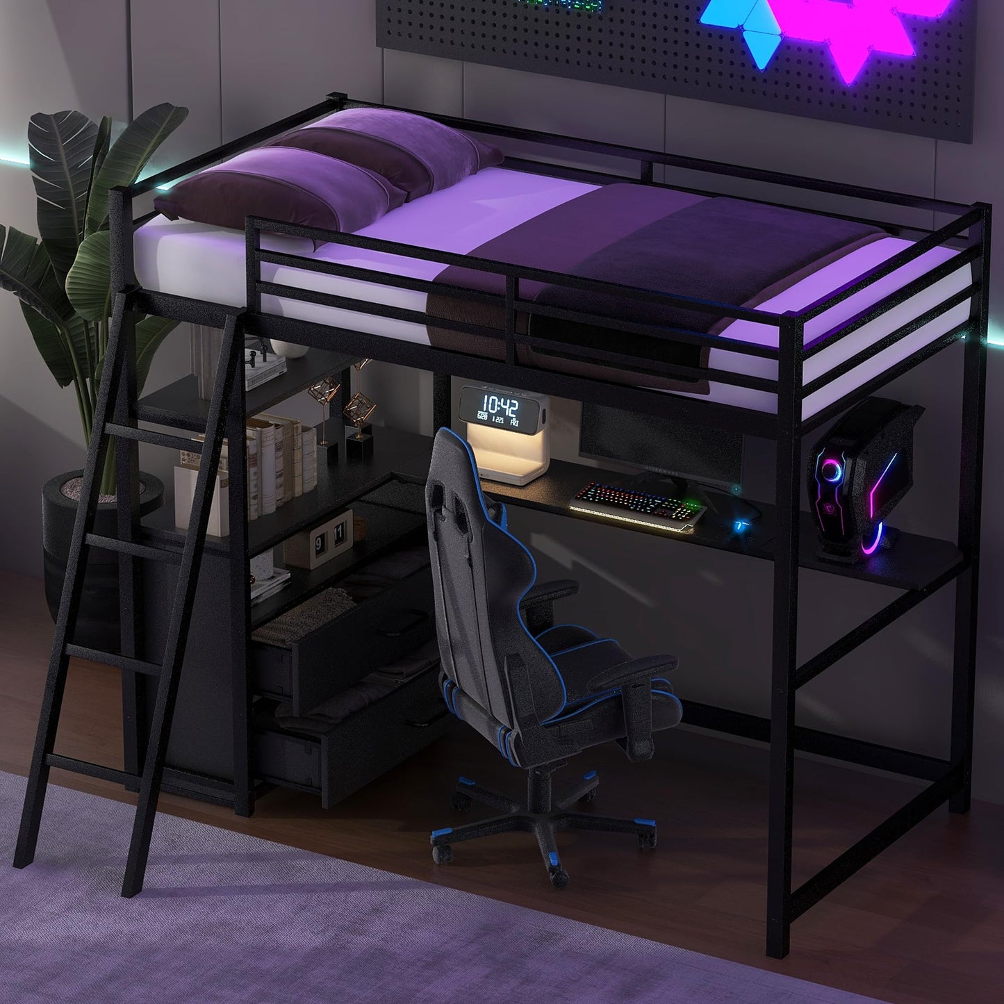 SOFTSEA Twin Metal Loft Bed with Desk and Storage - Black - WoodArtSupply