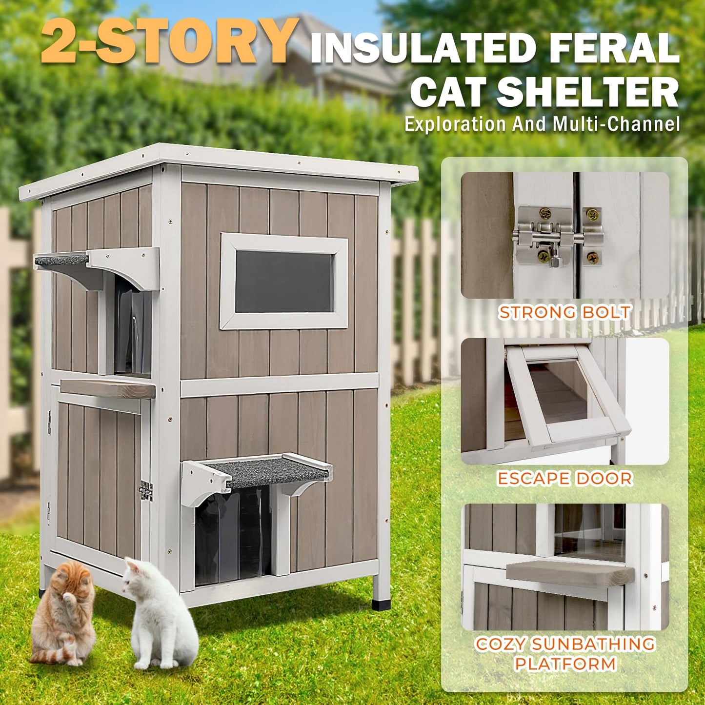 Ketive Outdoor Cat House Weatherproof 2-Story Feral Cat Shelter for Outdoor with Asphalt Roof, Viewing Windows, Escape Doors, and PVC Curtains – Insulated Fir Wood Cat House for Indoor/Outdoor Use